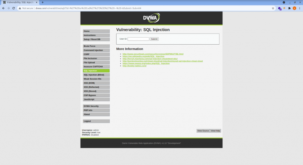 Without the protection of the firewall, the SQL payload executes successfully and renders the page as it is.