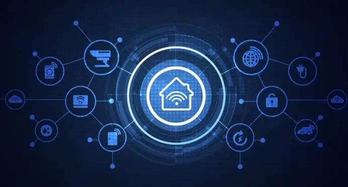 Central glowing smart-home icon surrounded by connected IoT symbols representing a connected home system (wifi, devices, security)