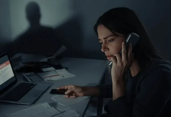 Woman on a call at a cluttered desk, laptop displaying a warning message in a dark room, looks stressed.