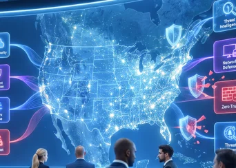 Team of professionals in a high-tech briefing room monitor a glowing digital map of the United States with security data panels and shields on screen.
