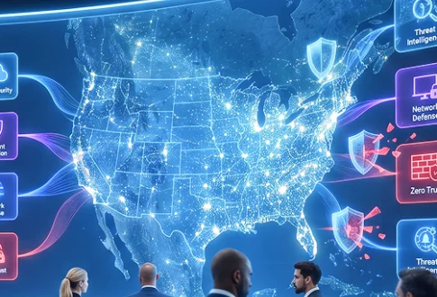 Team of professionals in a high-tech briefing room monitor a glowing digital map of the United States with security data panels and shields on screen.