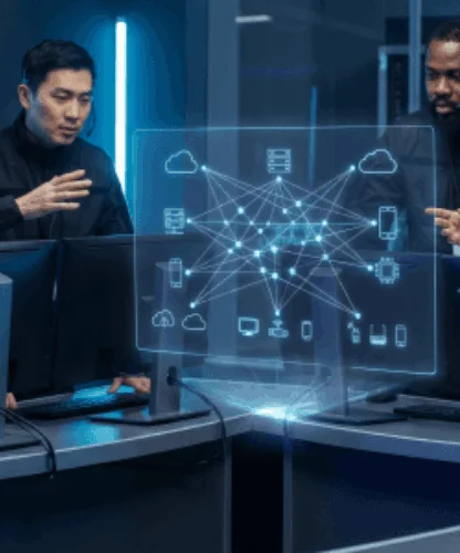Team of five cybersecurity analysts study a glowing holographic network map projected between desks in a dark, high-tech control room.