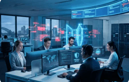 Cybersecurity operations center staff monitor multiple monitors with maps and data in a high-tech control room.