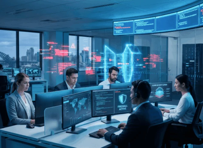 Cybersecurity operations center staff monitor multiple monitors with maps and data in a high-tech control room.