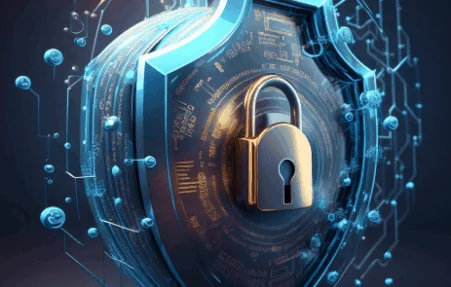 Blue digital shield with a gold padlock in the center, surrounded by circuitry, symbolizing cybersecurity and data protection.
