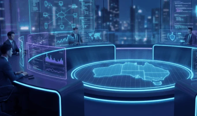Futuristic operations center with a glowing circular table displaying a map and analysts monitoring holographic dashboards and charts in blue light.
