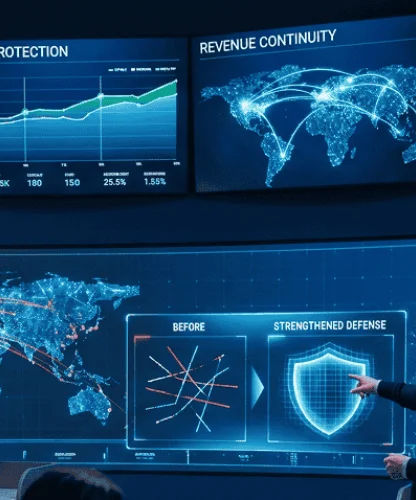 Room of analysts viewing multiple large screens displaying uptime, revenue continuity, a world map, and a shield graphic on a defense dashboard.