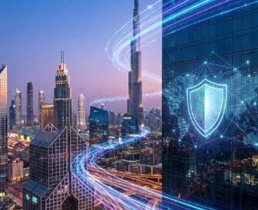 Futuristic cityscape at dusk with glowing blue data streams and a shield emblem representing cybersecurity.