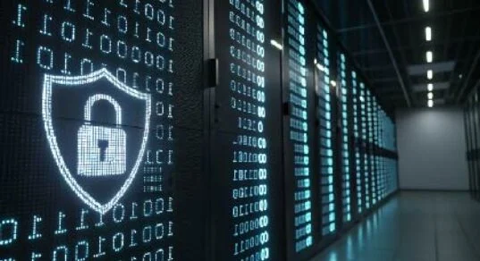 Data center corridor with server racks and a glowing shield lock symbol representing cybersecurity and data protection.