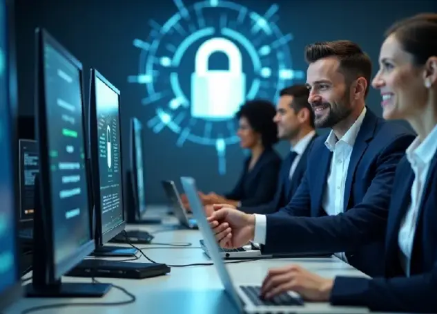 Team of professionals in a security lab working at computers with a large padlock graphic on the wall, indicating cybersecurity focus.