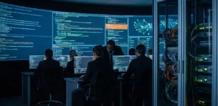 IT professionals monitor code and network dashboards on large screens in a dim server room. (Informative)