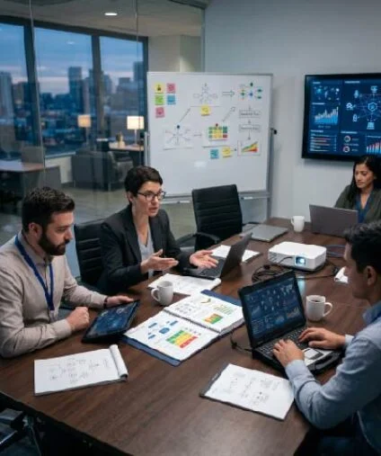 Team in a modern conference room collaborates around a table with laptops, charts, and a whiteboard filled with diagrams in the background.