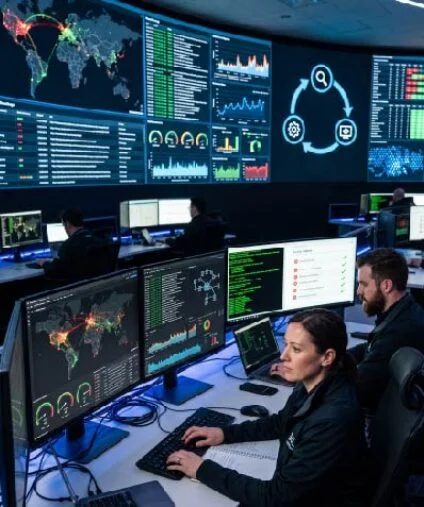 Analysts in a security operations center monitor global network activity on multiple screens displaying maps and dashboards.