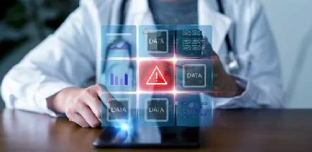 Person in a lab coat taps holographic data panels with a red warning icon illuminated in the center