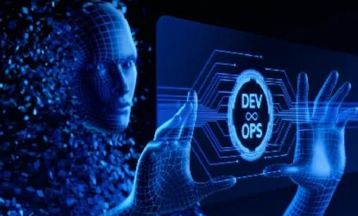 Blue holographic hands reach toward a DevOps interface with an infinity symbol.