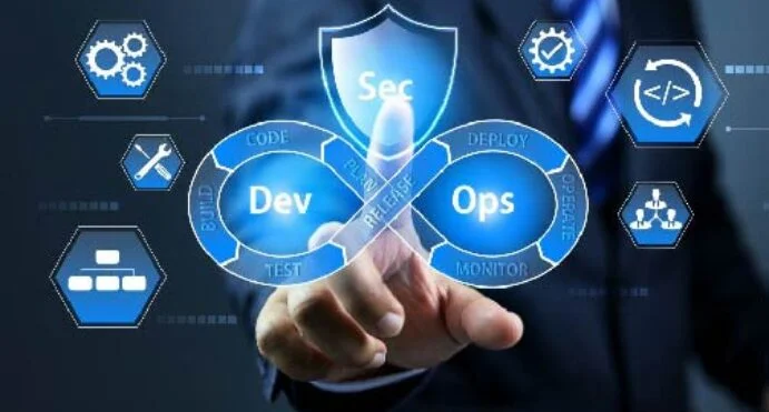 Digital illustration showing DevOps and Sec intertwined with a shield labeled 'Sec' representing DevSecOps, glowing in blue.