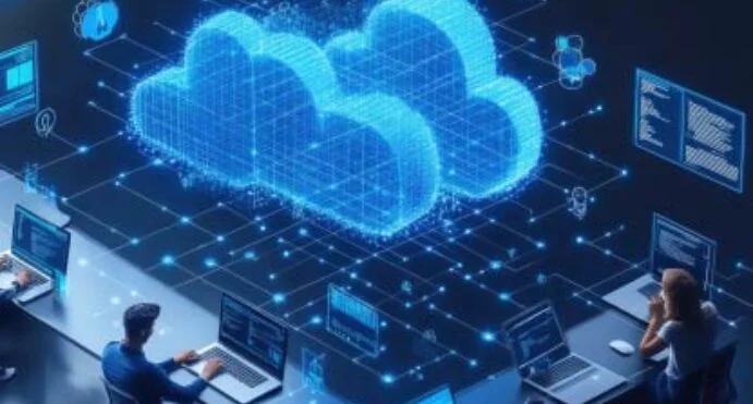 People working at laptops around a glowing blue cloud computing network visualization.