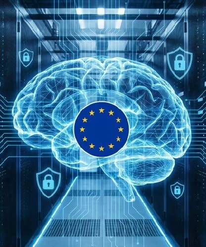 Blue glowing brain with EU flag circle, symbolizing EU AI and data privacy security in a digital network.