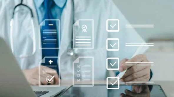 Doctor in a white coat using a tablet with translucent medical forms and checklists floating above, symbolizing digital health records and documentation.