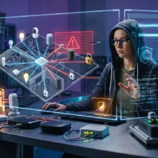 Hacker in a hoodie at a computer, surrounded by a holographic network map with nodes, locks, and alert icons.