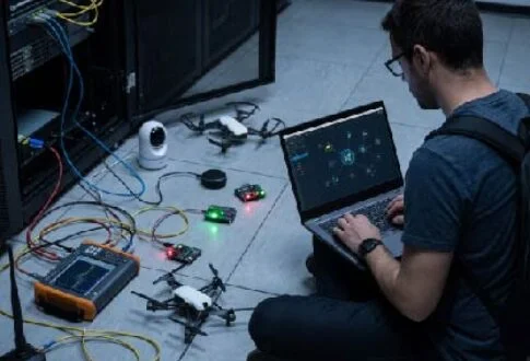 Man sits on the floor with a laptop, surrounded by drones, cables, and networking gear in a data-center setting.