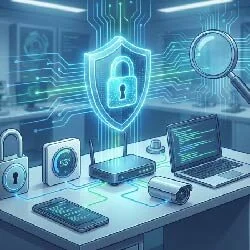 Cybersecurity workspace with a glowing shield and lock icon hovering above a desk full of laptops and security devices.