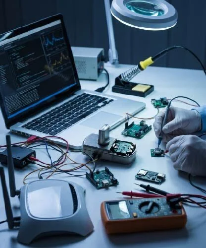 Person's hands work on assembling PCB boards on a lab bench, with a laptop showing code and test equipment nearby.