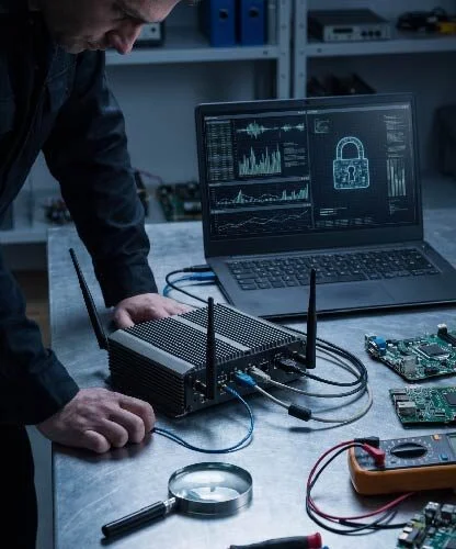 Engineer works on a metal‑cabinet style electronic device at a lab bench, with a laptop showing charts and a padlock icon in the background signalizing security.