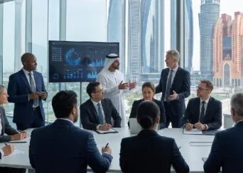 Diverse executives in a modern conference room review a data dashboard on a large screen, with a city skyline visible through the windows.