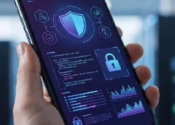 Hand holding a smartphone displaying a cybersecurity dashboard with a shield icon, lock, and charts.