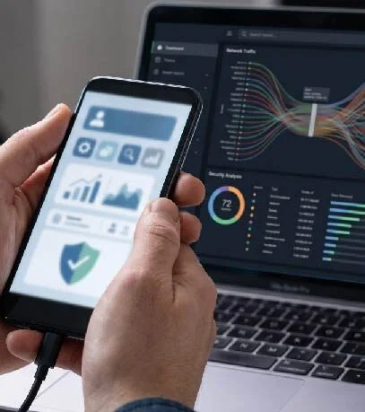 Person holding a smartphone connected via a cable while a laptop shows data analytics dashboards on screen.