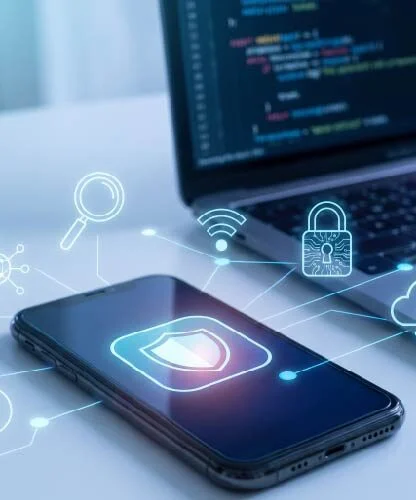 Smartphone glowing with a shield icon, surrounded by security icons (lock, magnifier, Wi‑Fi) while a code-filled laptop sits in the background, suggesting cybersecurity on mobile devices.