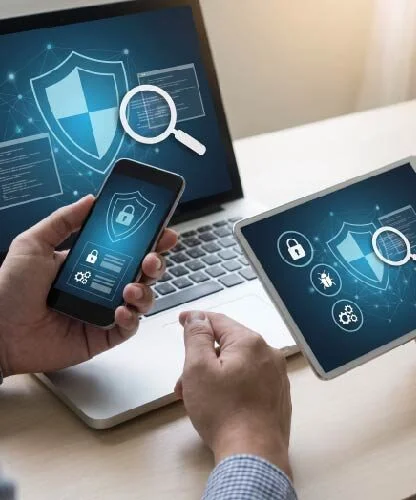 Person holding a smartphone with a shield icon while viewing a laptop and tablet displaying security graphics; cybersecurity concept.