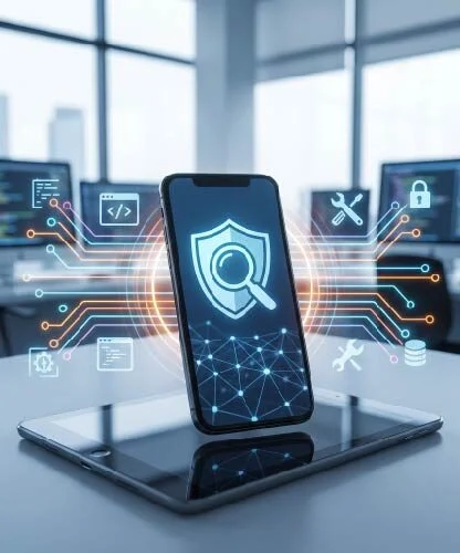 Smartphone on a desk displaying a shield with a magnifying glass, surrounded by glowing cybersecurity icons and circuit lines in a high-tech office setting.