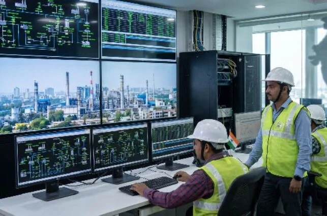 Three engineers in hard hats and high-visibility vests monitor multiple monitors displaying plant schematics and a city skyline in a control room.