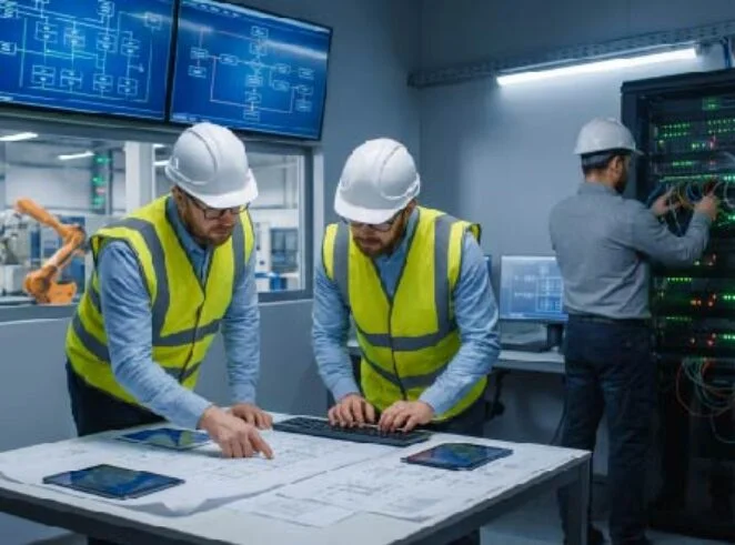 Two engineers in hard hats and high-visibility vests review blueprints on a table as monitors glow in a control room.