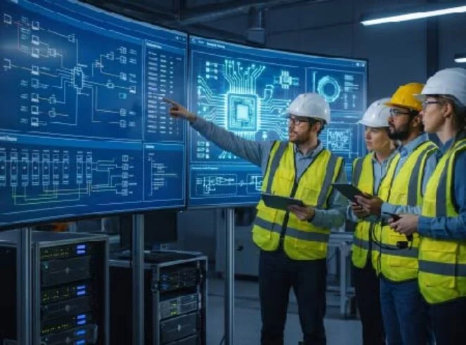 Team of engineers in safety vests and hard hats examine large blue schematic screens in a server room, one pointing at the display.
