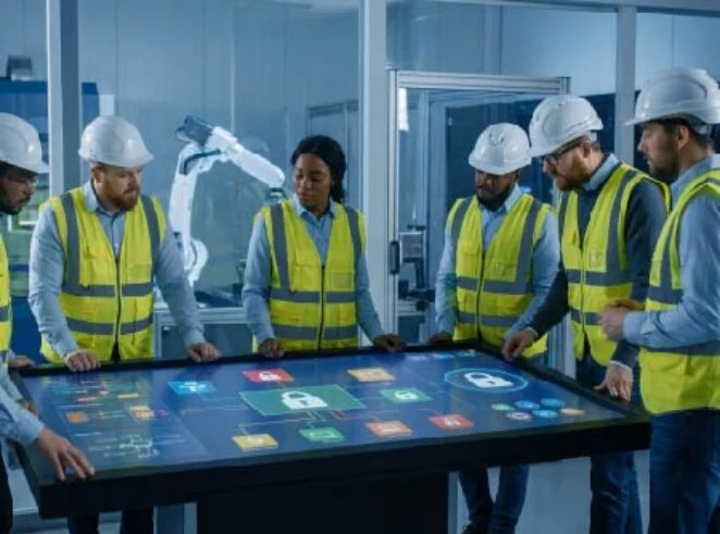 Team of engineers in hard hats and safety vests gathered around a large touchscreen planning table in a factory setting.