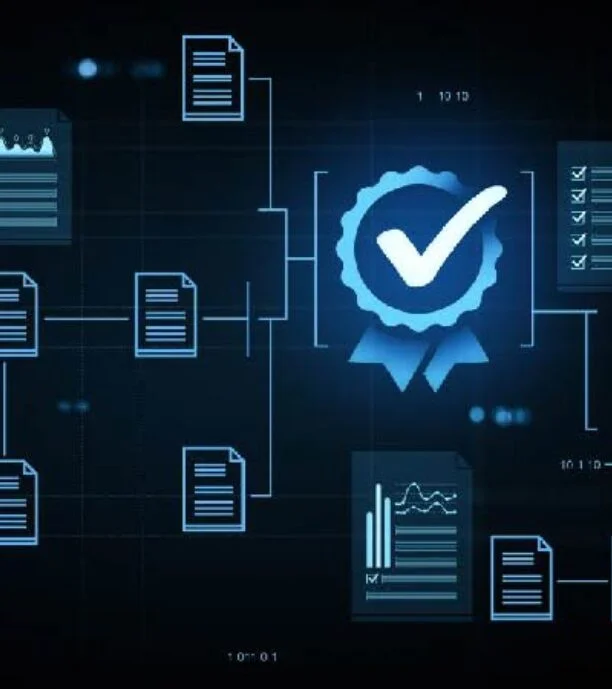 Digital workflow diagram with interconnected documents and a large blue approval badge, symbolizing certification and quality control.