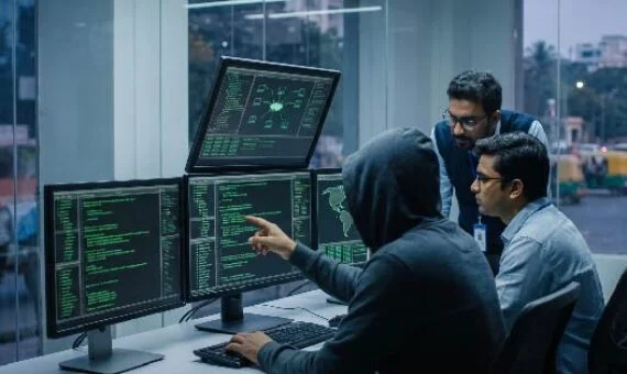 Three IT professionals review code on multiple monitors, with one in a hoodie pointing at the screen as colleagues watch.