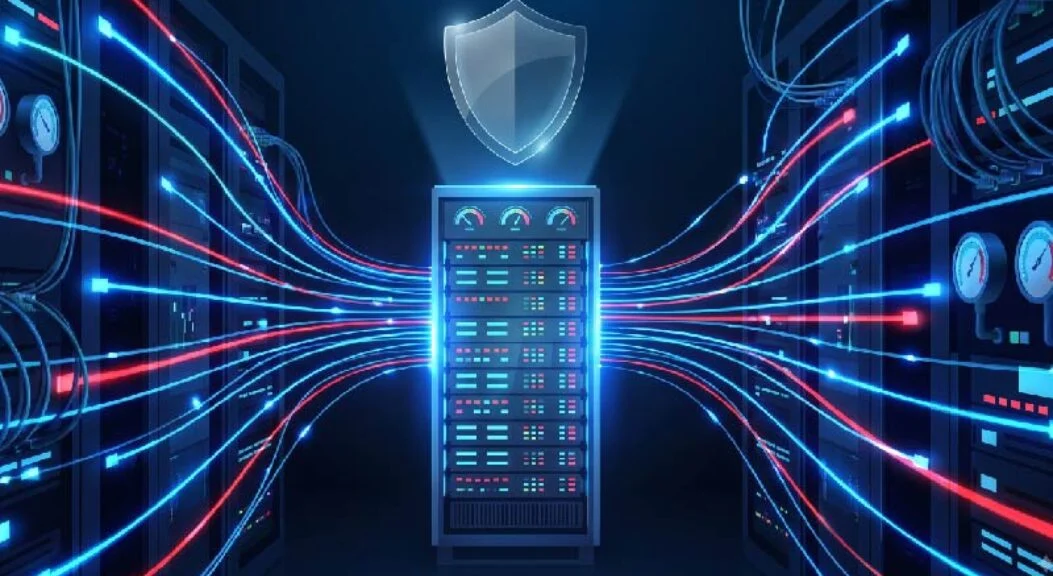 Server rack with glowing neon cables converging, shield icon above symbolizing data security.