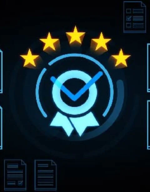 Blue certification badge with a checkmark and ribbon, five gold stars above, surrounded by blue outlined documents on a dark background, conveying quality assurance.