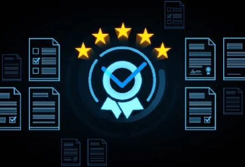 Blue certification badge with a checkmark and ribbon, five gold stars above, surrounded by blue outlined documents on a dark background, conveying quality assurance.