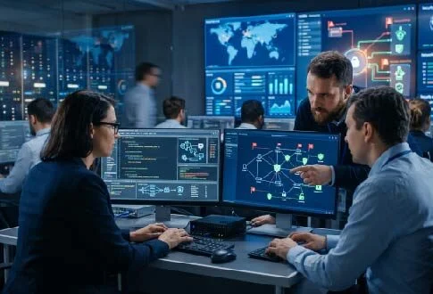Team of analysts monitoring complex data on multiple screens in a high-tech control room.