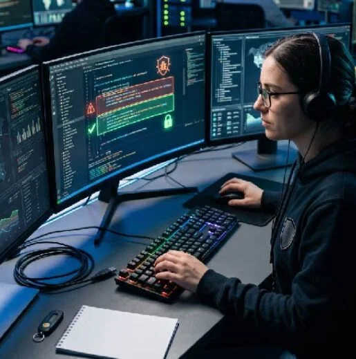 Cybersecurity analyst with headset coding at a three-monitor workstation showing code and security alerts.
