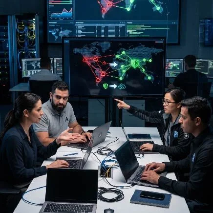 Security team at a SOC collaborating around laptops, monitoring global network maps on large screens.