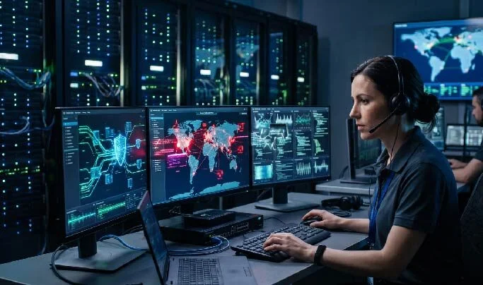 Woman in a headset monitors multiple screens displaying a world map and data in a data-center setting.