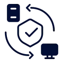 Secure system icon: shield with checkmark, circular arrows, plus a document and a monitor (docs and monitoring).