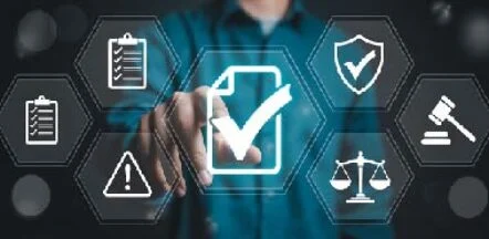 Person in a blue shirt taps a glowing checklist icon, surrounded by compliance icons like shield, scales, gavel, warning, and document.