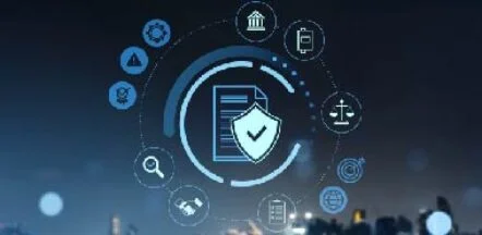 Central shield icon encircled by digital security icons, illustrating cybersecurity and data protection concepts.